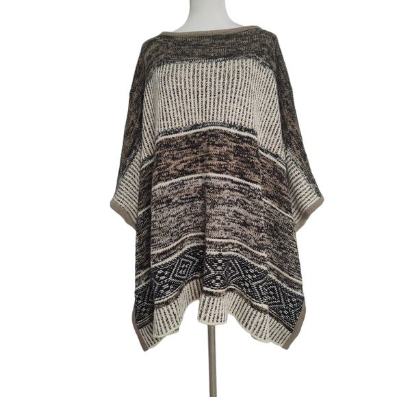Gap Wool Patterned Poncho Sweater Beige Black White O/S Southwest Blend Knit - Picture 1 of 10